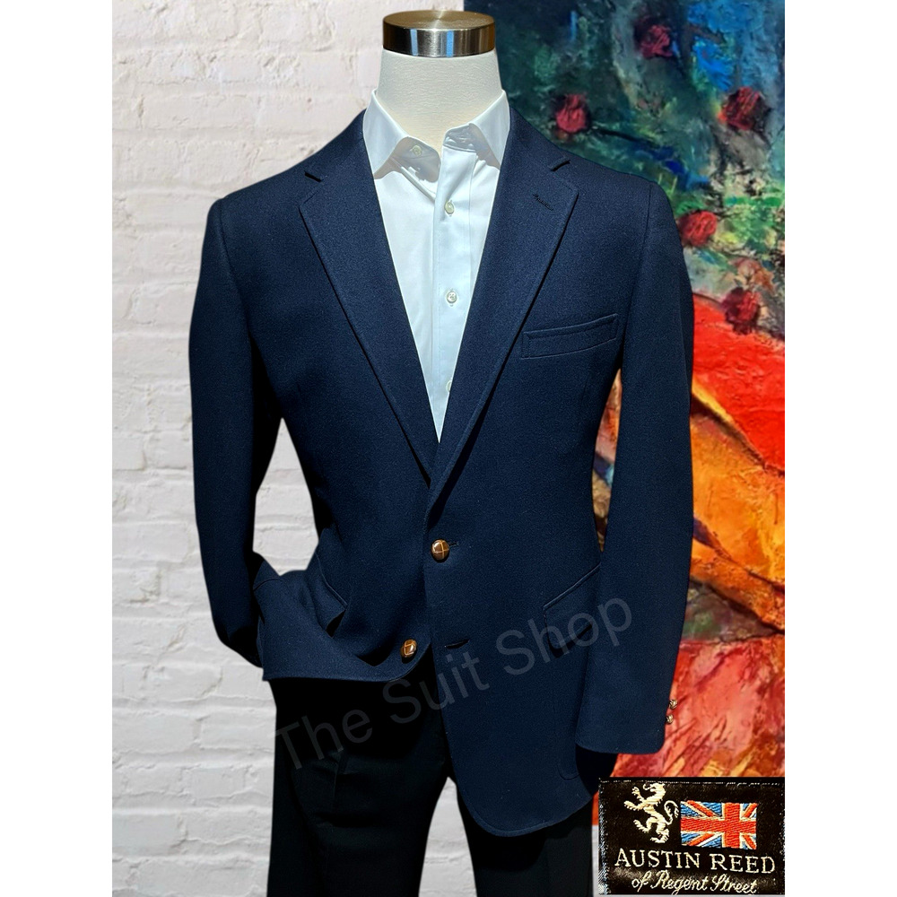 Vintage Austin Reed 40L Navy Blue Flannel Blazer Shank Buttons Unconstructed